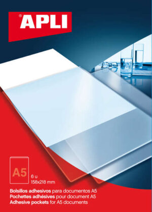 Apli Bolsillos Adhesivos A5 - Bolsillo Adicional para Documentos e Imagenes - 6 Unidades por Bolsa