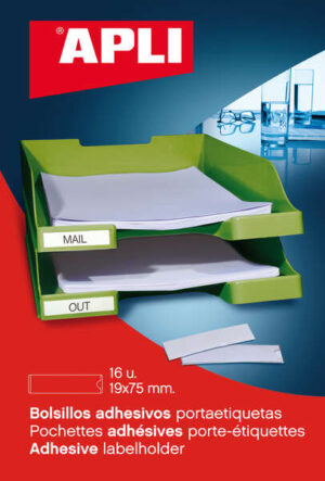 Apli Bolsillos Adhesivos para Etiquetas - Tamaño 19 x 75mm - Cambia la Informacion de la Etiqueta Segun tus Necesidades - 16 Bolsillos por Bolsa