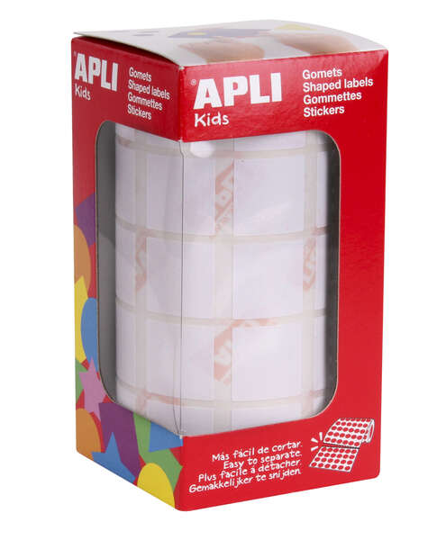 Apli Gomets Cuadrados Blancos - 20x20mm - 59 Hojas Pretroqueladas - 1770 Gomets por Rollo - Ideal para Actividades Infantiles - Normas EN-71 y FSC