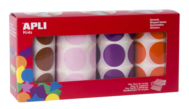 Apli Pack de 4 Rollos de Gomets Redondos Ø 33mm - 708 Gomets por Rollo - Adhesivo Permanente - 2832 Gomets en Total - Ideales para Escuelas Infantiles - Colores Marron, Rosa, Lila y Naranja