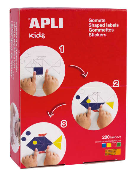 Apli Gomets Triangulares con Adhesivo Permanente - 3 Medidas: 10x8x8mm, 23x17x17mm y 33x23x23mm - 14000 Gomets por Caja - Ideal para Escuelas, Guarderias y Talleres Infantiles - Desarrolla la Psicomotricidad Fina y Habilidades Creativas