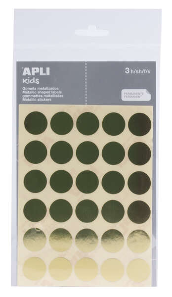 Apli Pack de 90 Gomets Redondos Ø 20mm - Adhesivo Permanente - Ideal para Escuelas Infantiles y Colegios - Color Oro