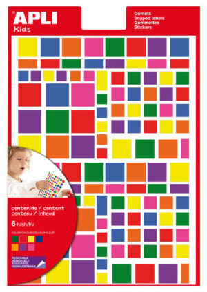 Apli Gomets Cuadrados Adhesivo Removible - Tamaños Surtidos - 732 Gomets por Bolsa - Desarrollo de Habilidades y Creatividad - Normas de Calidad y Seguridad - Colores Variados