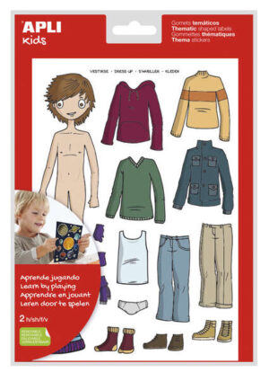 Apli Bolsa de Gomets Tematicos Vestirse Niño - 35 Gomets - Adhesivo Removible - Desarrollados con Educadores - Normas EN-71 y FSC - Adhesivo Base Agua - Libre de Disolventes - ECF - 100% Reciclables - Colorido