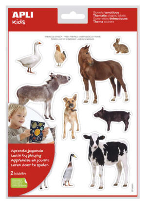 Apli Bolsa de Gomets Tematicos Realistas Animales de la Granja - 24 Gomets - Adhesivo Removible - Desarrollo de Habilidades Motoras - Normas de Calidad y Seguridad Cumplidas - Coloridos