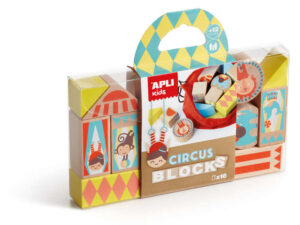 Apli Juego de Bloques de Madera Apilables Modelo Circo - 16 Piezas con Bolsa de Tela - Pino de Alta Calidad con Impresion a Todo Color - Estimula Sentidos y Motricidad Fina - Color Natural