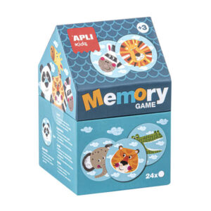 Apli Juego de Memoria Infantil - 24 Piezas Ø 8 cm - Dibujos de Animales Divertidos - Caja en Forma de Casita - Resistentes y Seguras - Mejora la Concentracion, Memoria y Habilidades Matematicas - Autoestima y Motivacion