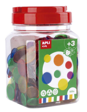 Apli Kit de 500 Piezas Redondas de Plastico Transparente - 25mm y 18mm - Ideal para Mesas de Luz y Practicas de Secuencias y Clasificaciones - Formato Maxi en Bote con Tapa - Colores Surtidos