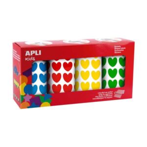 Apli Pack de 4 Rollos de Gomets Corazon - 1770 Gomets por Rollo - Adhesivo Permanente - 7080 Gomets en Total - Ideales para Escuelas Infantiles - Colores Azul, Rojo, Amarillo y Verde