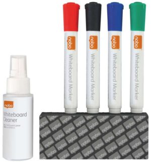 Nobo Pack de Accesorios para Pizarra Blanca - Incluye: 4 Rotuladores Pizarra, Borrador y Spray Limpiador 50Ml - Colores de los Rotuladores Negro, Azul, Rojo, Verde