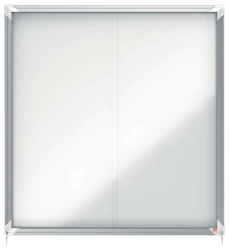 Nobo Vitrina Interior para 12 Hojas A4 con Superficie Magnetica y Puerta Deslizante - 997x972x54mm - Superficie Blanca Metalica y Magnetica de Borrado en Seco - Marco de Aluminio - Puertas de Cristal de Seguridad - Color Blanco