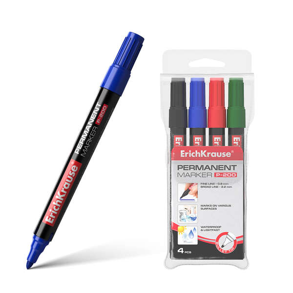 Erichkrause Pack de 4 Marcadores Permanente P-200 - Punta en Forma de Bala - Resistente al Daño y La Abrasion - Ancho de Escritura de 0.8 a 2.2 mm - Negro, Azul, Verde, Rojo