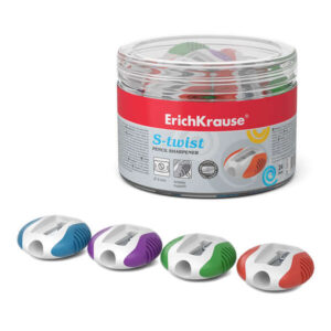 Erichkrause S-Twist Sacapuntas de Plastico con Bordes de Goma Antideslizantes - Orificio de 8mm - Cuchilla en Forma de Espiral - Color Surtido