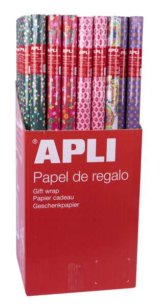 Apli Expositor de 55 Rollos de Papel Regalo Tendance - 11 Rollos por Color - Medidas del Rollo 0.70x2m - 5 Diseños