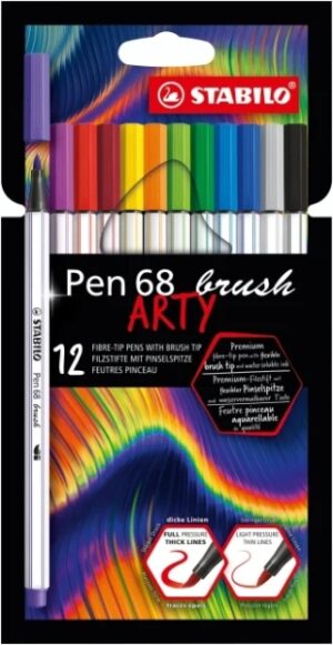 Stabilo Pen 68 Brush Arty Pack de 12 Rotuladores - Punta de Pincel - Tinta a Base de Agua - Colores Surtidos