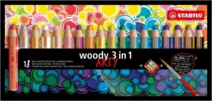 Stabilo Woody 3 en 1 Arty Pack de 18 Lapices de Colores + Sacapuntas + Pincel - Lapiz de Color, Cera y Acuarela, Todo en Uno - Mina XXL 10mm - Colores Surtidos