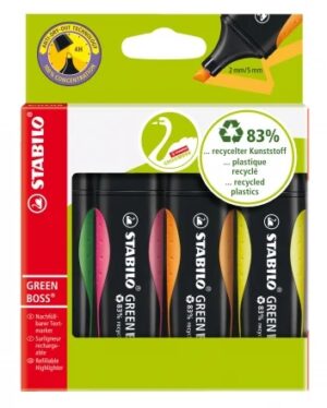 Stabilo Green Boss Pack de 4 Marcadores Fluorescentes - Fabricado con un 83% de Plastico Reciclado - Trazo entre 2 y 5mm - Recargable - Colores Surtidos