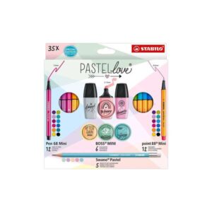 Stabilo Pastellove Pack de 35 Marcadores y Rotuladores - 12 Rotuladores Premium Pen 68 Mini, 12 Rotuladores Point 88 Mini, 6 Rotuladores Fluorescentes BOSS MINI Pastellove y 5 Lapices de Grafito Swano Pastel - Colores Surtidos