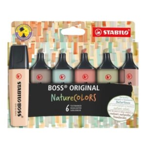 Stabilo Boss Naturecolors Pack de 6 Marcadores - Trazo entre 2 y 5mm - Tinta con Base de Agua - Colores Siena, Beige, Ocre Oscuro, Gris Calido, Verde Barro y Verde Tierra