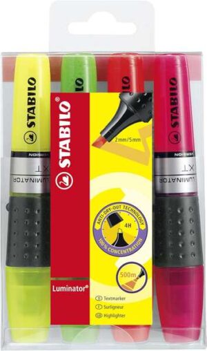 Stabilo Luminator Pack de 4 Marcadores Fluorescentes - Mayor Suministro de Tinta - Zona de Agarre - Trazo entre 2 y 5mm - Colores Verde, Amarillo, Rosa y Naranja