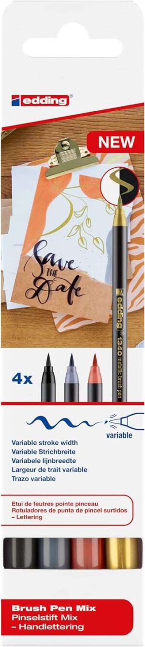 Edding 1340 Brush Pack de 4 Rotuladores - Punta Pincel Flexible - Trazo 1-3mm - Tinta con Base de Agua - Colores Oro, Negro, Gris y Albaricoque