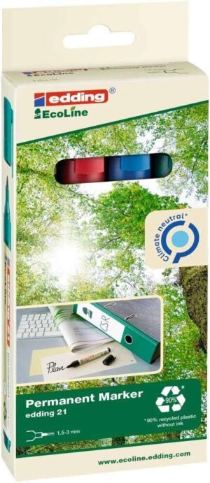 Edding 21 EcoLine Pack de 4 Rotuladores Permanentes - Punta Redonda - Trazo entre 1.5 y 3mm - 90% de Plastico Reciclado - Colores Surtidos