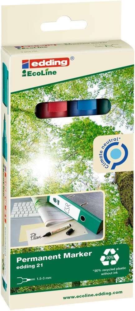 Edding 21 EcoLine Pack de 4 Rotuladores Permanentes - Punta Redonda - Trazo entre 1.5 y 3mm - 90% de Plastico Reciclado - Colores Surtidos