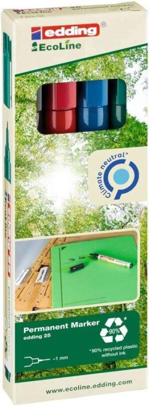 Edding 25 EcoLine Pack de 4 Rotuladores Permanentes - Punta Redonda Fina - Trazo 1mm - 90% de Plastico Reciclado - Colores Surtidos