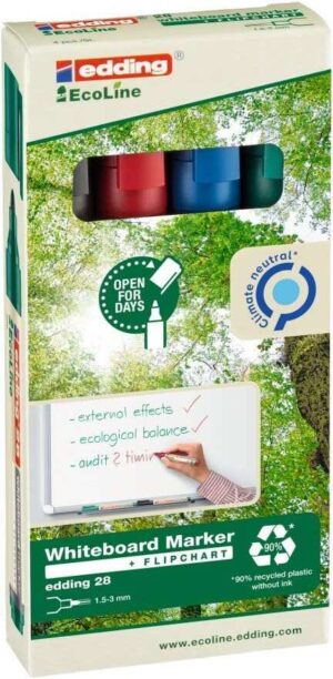 Edding 28 EcoLine Pack de 4 Rotuladores para Pizarra Blanca - Punta Redonda - Trazo 1.5-3mm - 90% de Plastico Reciclado - Borrado en Seco - Colores Surtidos