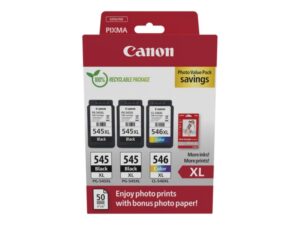 Canon PG545XL Negro + CL546XL Color Pack de 3 Cartuchos de Tinta Originales + 50 Hojas de Papel Fotografico - 8286B015