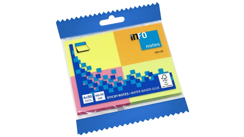 Global Notes inFO Brillant Pack de 4 Blocs de 50 Notas Adhesivas 50 x 40mm - Certificacion FSC™ - Colores Amarillo, Naranja, Rosa y Verde