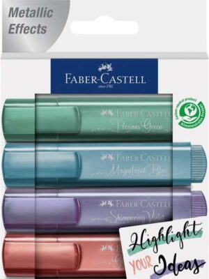 Faber-Castell Textliner 46 Metallic Pack de 4 Marcadores Fluorescentes - Punta Biselada - Trazo entre 1mm y 5mm - Tinta con Base de Agua - Colores Surtidos
