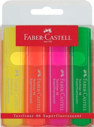 Faber-Castell Textliner 46 Superfluorescente Pack de 4 Marcadores Fluorescentes - Punta Biselada - Trazo entre 1mm y 5mm - Tinta con Base de Agua - Colores Surtidos