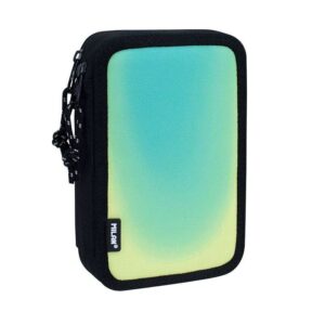 Milan Sunset Plumier de 2 Pisos con 2 Gomas de Borrar, Sacapuntas, Lapiz, Boligrafo Compact, Regla, 12 Lapices de Colores y 18 Rotuladores - Color Negro/Verde