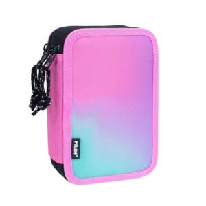 Milan Sunset Plumier de 3 Pisos con Goma de Borrar, Sacapuntas, Lapiz, 3 Boligrafos Capsule, Regla, 12 Lapices de Colores, 6 Lapices de Colores Metalizados, 5 Fluorescentes, Tijeras y 18 Rotuladores - Color Rosa