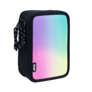 Milan Sunset Plumier de 3 Pisos con Goma de Borrar, Sacapuntas, Lapiz, 3 Boligrafos Capsule, Regla, 12 Lapices de Colores, 6 Lapices de Colores Metalizados, 5 Fluorescentes, Tijeras y 18 Rotuladores - Color Negro