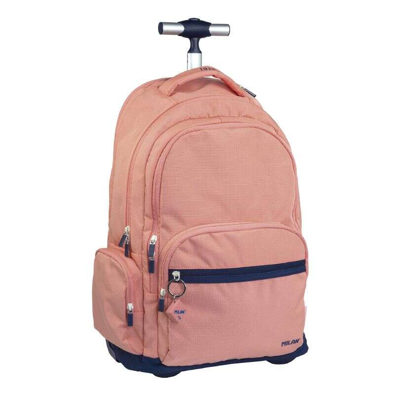 Milan Serie 1918 Mochila Escolar 25L con Carro Integrado y Mango Metalico Retractil - 3 Bolsillos Delanteros + 2 Bolsillos Laterales - Tamaño 46,5x30x17cm - Color Rosa