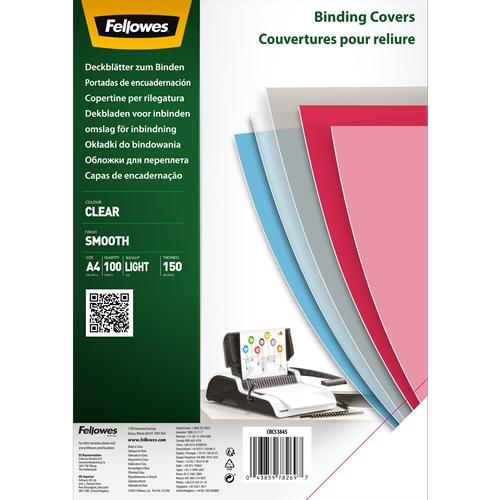 Fellowes Pack de 100 Portadas de Polietileno Transparentes para Documentos A4 - Grosor 150 Micras - Utilizables en Encuadernadoras de Espiral o Canutillo