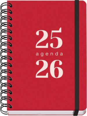 Dohe Grammar Agenda Escolar 25/26 Espiral A6 - Dia Pagina - Papel 80g/m2 - Cubierta de Polipropileno - Cierre de Goma Elastica - Color Rojo