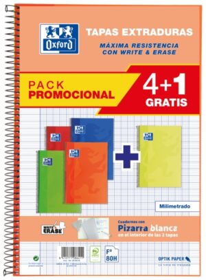 Oxford School Classic Write&Erase Pack 4+1 Fº - Cuaderno Espiral Tapa Extradura - Milimetrado con Margen - 80 Hojas - Colores Surtidos