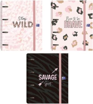 Oxford Animal Print Europeanbinder A4+ Carpeta de Anillas 4D 35mm con Recambio 5x5 - Lomo de 45mm - Tapa Extradura con Cierre de Goma elastica - 3 Diseños Diferentes