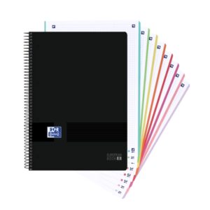 Oxford Europeanbook 8 Live & Go Cuaderno Espiral A4+ 160 Hojas Cuadricula 5x5 - 8 Bandas de Color - Tapa de Plastico Resistente - Color Negro