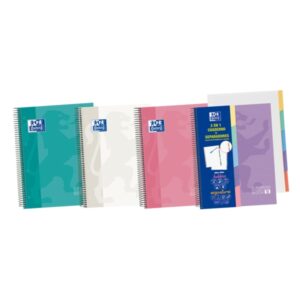 Oxford Europeanbook A5+ Cuaderno Espiral 100 Hojas Cuadricula 5x5 - Tapa Extradura Acabado Brillante - 5 Pestañas Troqueladas - Colores Surtidos