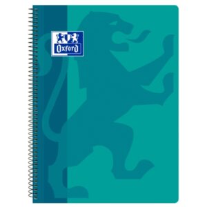 Oxford School Classic Cuaderno Espiral Tapa de Plastico Folio 4x4 - Resistente Tapa de Plastico - Cuadricula de 4x4 con Margen - 80 Hojas de Alta Calidad - Color Aqua