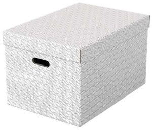 Esselte Pack de 3 Cajas Grandes de Almacenamiento con Tapa 355x305x510mm - Carton 100% Reciclado y Reciclable - Asas Integradas - Diseño Blanco con Dibujo