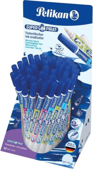 Pelikan Expositor de 50 Boligrafos Super Pirat 850 B - Borratinta de Pluma Estilografica y Roller - Punta Blanca y Reescribe - Punta M en Forma de Cincel - Color Azul