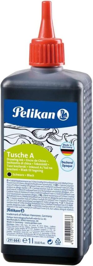 Pelikan Tinta China 523 1 Litro - Ideal para Dibujo y Caligrafia - Resistente al Agua - Secado Rapido - Color Negro
