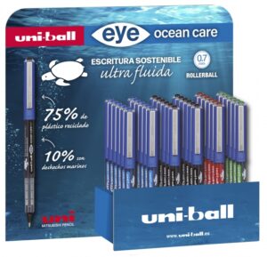 Uni-ball Eye Ocean Care UB-1570ROP Expositor de 36 Boligrafos de Tinta Liquida - Punta de Bola 0.7mm - Trazo 0.5mm - Tinta Pigmentada Resistente al Agua y Luz - Color Surtido