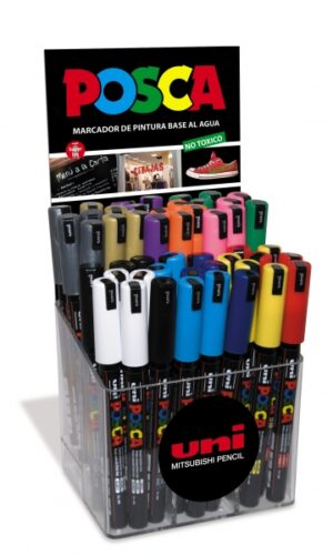 Posca PC-1MR Expositor de 48 Marcadores de Pintura - Punta Roller de Fibra 0.7mm - Tinta Pigmentada Base al Agua - Resistente a la Luz - Colores Surtidos