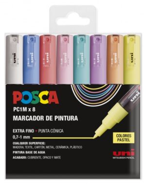 Posca PC1M Pack de 8 Marcadores de Pintura - Punta Conica 0.7mm - Tinta Base al Agua - No Permanente - Resistente a la Luz - Inodoro - Ideal para Carteleria y Decoracion - Colores Surtidos	Pastel